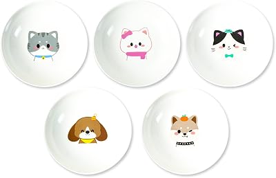 YOBRO Ceramic Cat Bows Set of 5, Cute Cartoon Pet Feeding Dishes with Colorful Designs, Cat Food Water Bowls for Kittens Cats, Dishwasher Safe