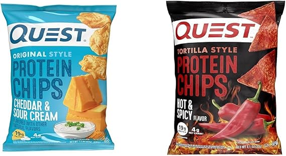 Quest Protein Chips, Cheddar & Sour Cream (Pack of 12) and Hot & Spicy Tortilla Style (Pack of 12), 19-20g Protein, 3-4g Net Carbs