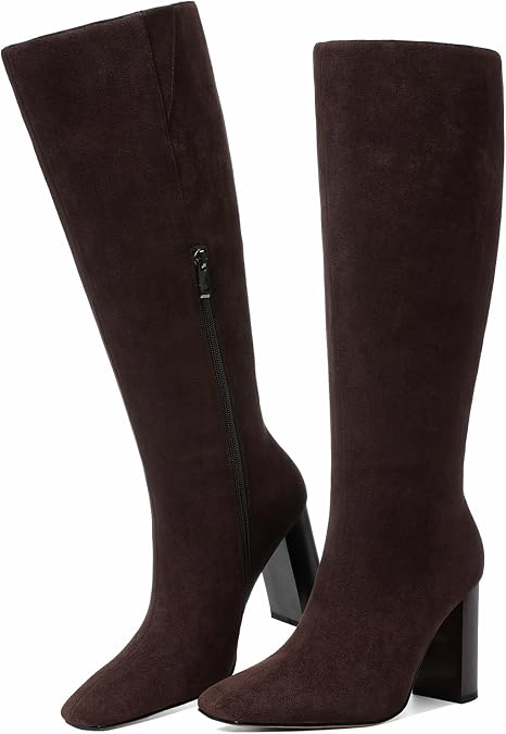femflame Knee High Boots Women Black Leather Tall Shoes Square Toe Chunky Block Heel Side Zipper Long Boot Wide Calf Boots For Women