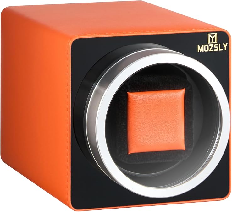 MOZSLY Watch Winder for Automatic Watches Single Rotating Watch Box with Quiet Motor 12 Rotation Mode Setting Battery Powered or AC Adapter PU Leather