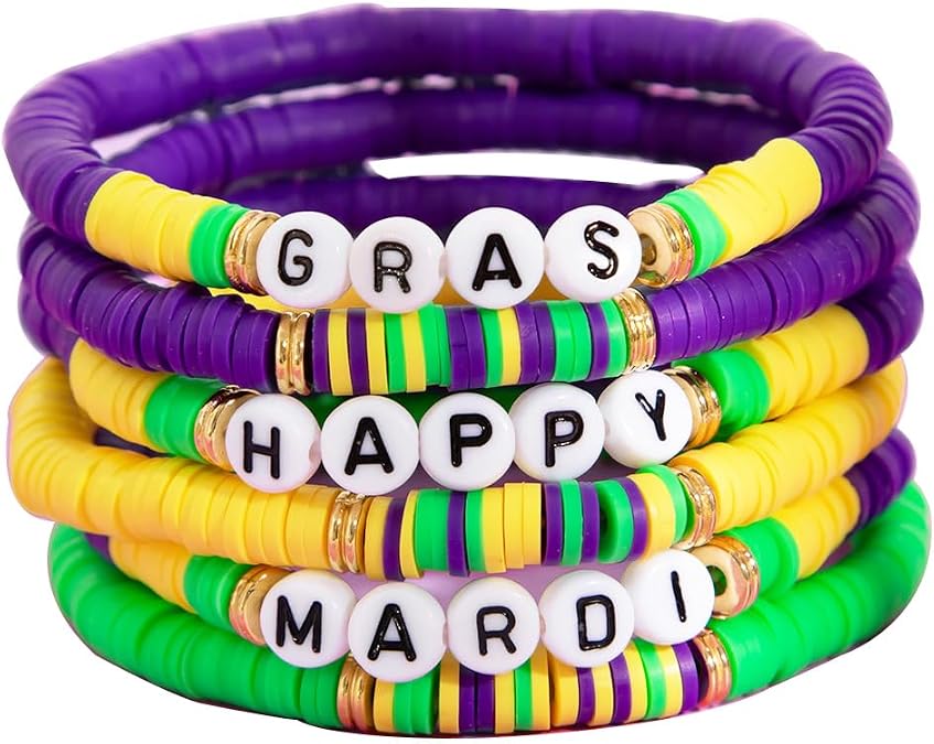 Mardi Gras Preppy Bracelets Happy Mardi Gras Bracelets Set for Women Men Layere Stretch Surfer Heishi Bracelets Mardi Gras gifts