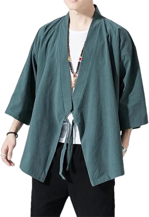 Japanese Men Cardigan Kimono Traditional Samurai Clothing Streetwear Yukata Male Shirt Haori Mens Kimono Shirt Gray Blue XL