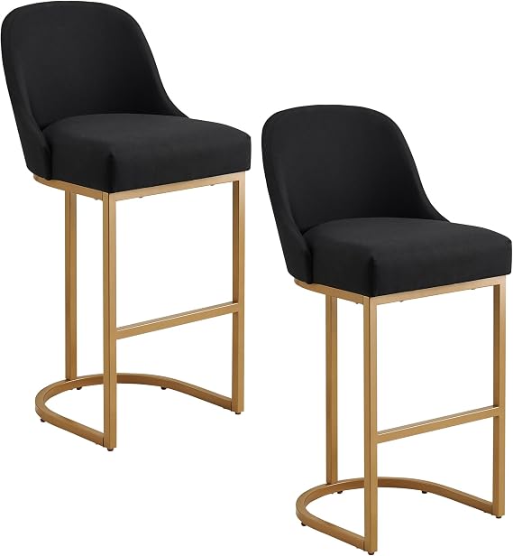 Leick Home 214510 Barrelback Bar Stool with Metal Base, Set of 2, for Elevated Kitchen Counters, High Top Tables, and Bars, Modern Black Linen Seat and Gold Metal Base