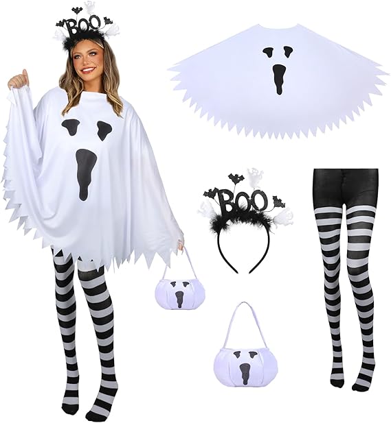 4 PCS Halloween Costume Set for Women Adult Ghost Costume, Ghost Poncho, Candy bag Headband and Nylon Striped Tights for Halloween Cosplay Party