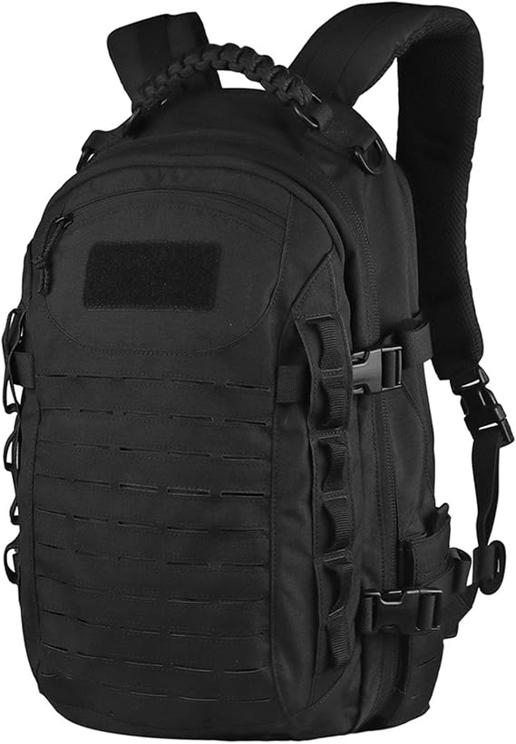 Outdoor Tactical Backpack, Hiking Travel Daypack with Breathable Shoulder Straps, Compression Straps, Hydration Port and Utility Front Panel(Black)