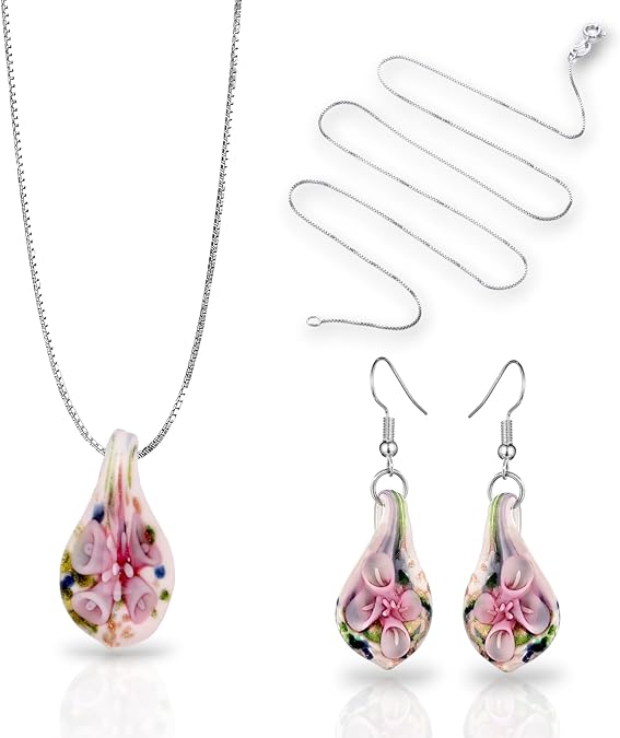 BESHEEK Murano Inspired Blown Glass Lampwork Art Earrings and Necklace Pendant Set, Hypoallergenic Italian Style Jewelry, Unique Gift for Her