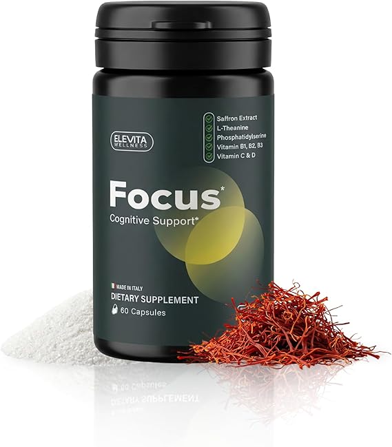 Focus Supplement (Made in Italy) | Premium Blend with L-Theanine, Lion's Mane & B Vitamins, Saffron and Vitamin D | Focus & Cognitive Support for Men & Women