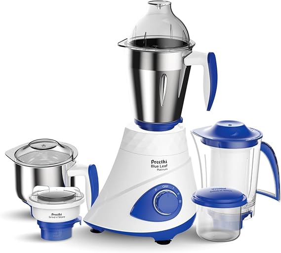 Preethi Blue Leaf Platinum 5.0 Mixer grinder **NOW with PREMIUM Design MG-280 (Upgraded & Improved version of MG-139)** 750 watt, 4 jars incl Super Extractor & Grind 'N' Store jar | 15 Years of Trust