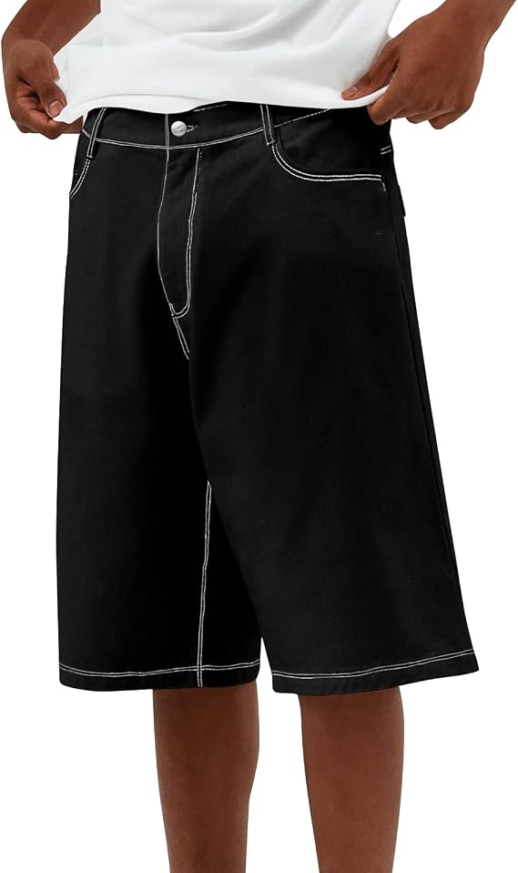 Mens Loose Denim Shorts Baggy Casual Wide Leg Mid Jean Jorts Zipper Hip Hop Shorts with Pockets Streetwear