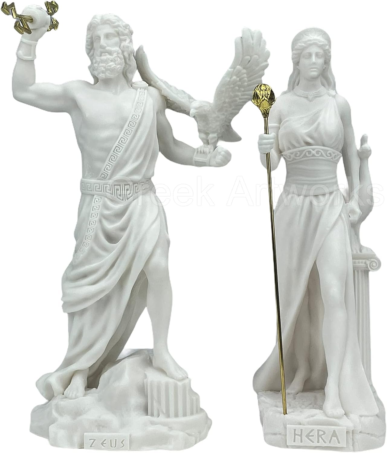 Set Zeus &amp; Hera Greek Roman Gods Couple Statue Sculpture, White