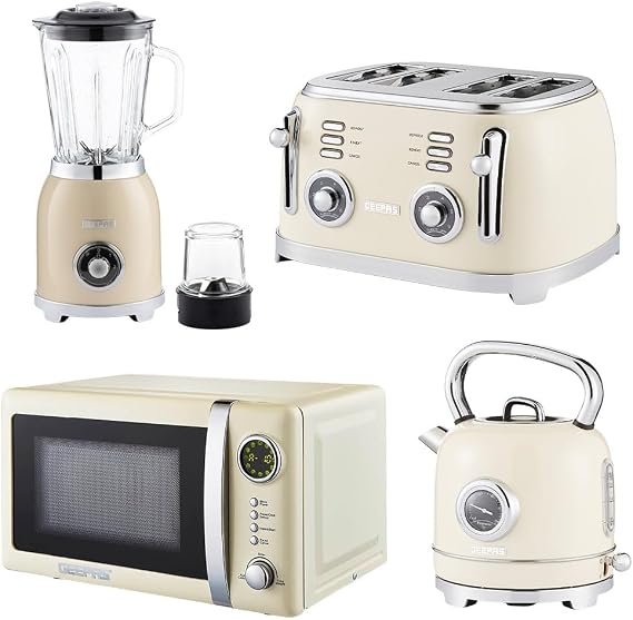 GEEPAS Retrovive 1.8L Electric Kettle, 4 Slice Bread Toaster, 2-in-1 Jug Blender & 20 Litre 700W Digital Freestanding Microwave Oven Kitchen Combo Set | 3000W Vintage Cordless Kettle | Cream