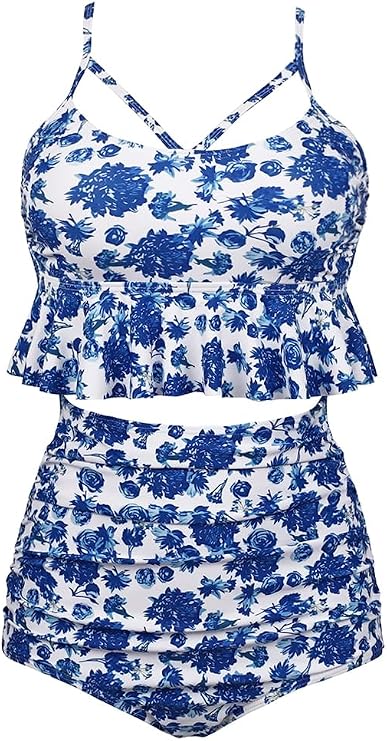 Women's Retro Boho Flounce Falbala High Waist Bikini Set Chic Swimsuit(FBA)
