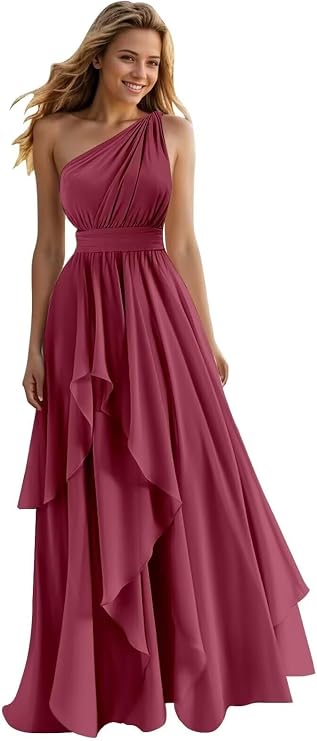 A Line One Shoulder Bridesmaid Dresses for Wedding Ruffles Chiffon Long Formal Evening Party Gowns with Pockets Desert Rose