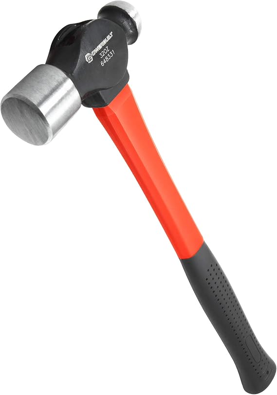 Powerbuilt 32 oz. Ball Pein Hammer with Fiberglass Handle, Shock Resistant and Non-Slip Rubber Handle, Heat-Treated hardened steel - 648331