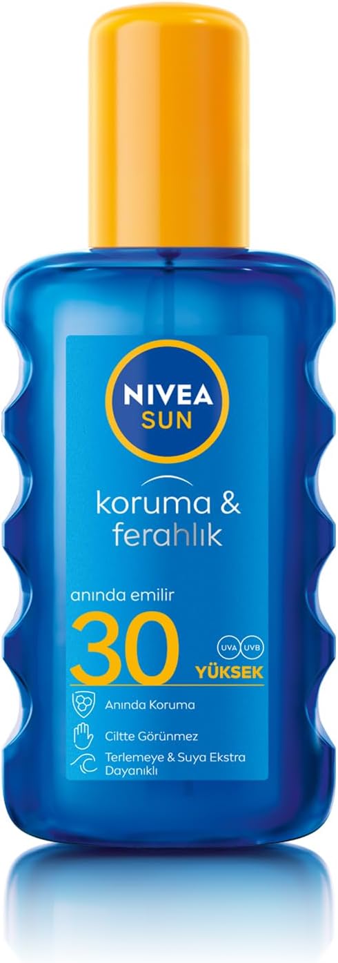NIVEA SUN SPF30 Güneş Koruyucu Vücut Spreyi 200ml, Ferahlatıcı, Suya Dayanıklı, Anında UVA UVB Koruması