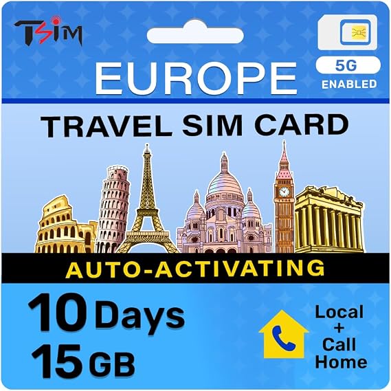 ヨーロッパSIMカード 旅行用 10日間 ホーム&ローカル通話付き | 15GB 超高速データ - フランス、イギリス、イタリア、スペイン、スイス、トルコ、英国+EU | Android&iPhone | 詰め替え可能パック