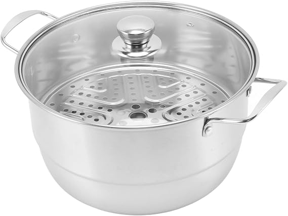Stainless Steel Steam Pot, Multipurpose Thickened Multi Layer Saucepan with Steamer Basket, Glass Lid, Kitchen Cookware Steaming Pot for Induction Electric, Gas Stove (Double