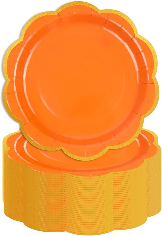 Pack of 50 Disposable Plates Orange and Gold Party Plates 18 cm Wavy Edge Dessert Plates Disposable Tableware Party Plates Table Decorations Party Tableware for Wedding Garden Birthday Autumn Maple Leaf