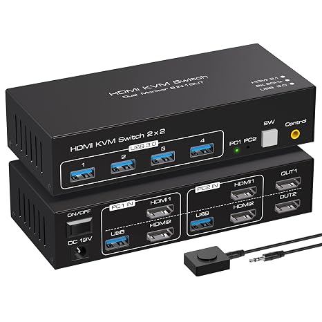 8K HDMI KVM Switch 2 Monitors 2 Computers Support 8K 60Hz 4K 120Hz KVM Switcher for Two PC Share Dual Monitors and 4 USB 3.0 Devices Support Copy and Extend Mode -3.6CM High