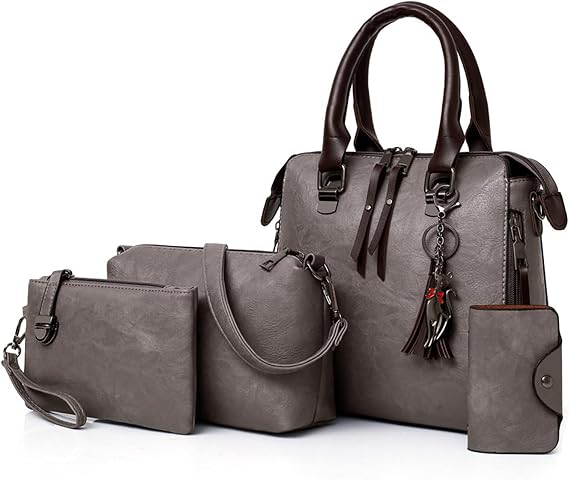 Women Handbag Purse 4Pcs Vintage Shoulder Bag PU Leather Crossbody Clutch Bag for School Work Travel Grey