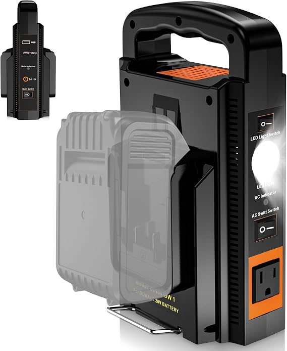 180W Power Inverter for Dewalt 20V Battery, 2-Ports DC 18V to AC 110-120V Battery Inverter with Type-C Port, 1 USB Port, 1 DC 12V Port, LED Light for Camping Emergency(Tool Only)