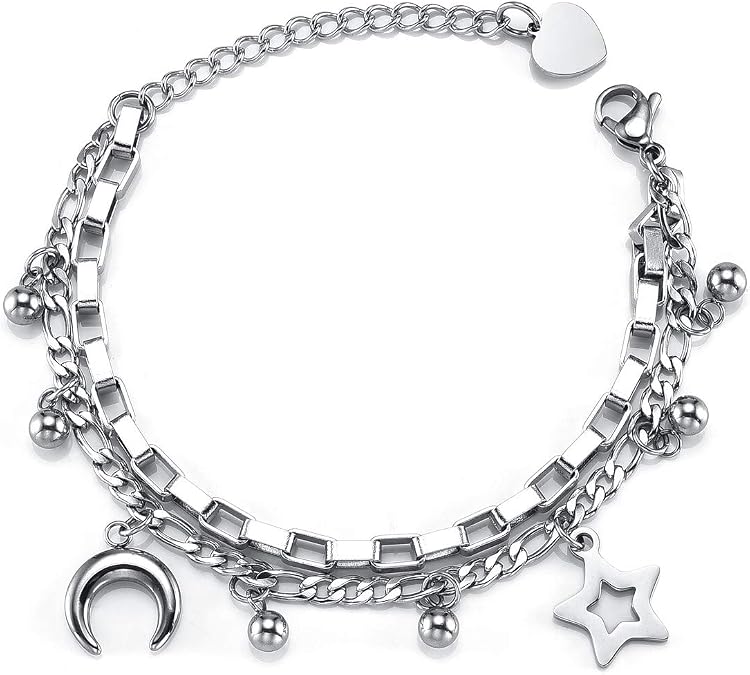 Women Charm Beads Bracelet Star Moon Heart Dangle Charm Bracelets Stainless Steel Adjustable Layered Link Chain Jewelry for Women Mothers Day Birthday Gift
