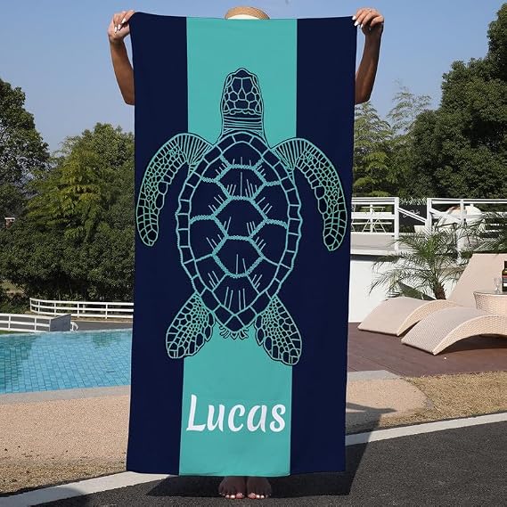 Personalized Beach Towels for Kids Adults Custom Cotton/Poly Blend Pool Towel with Name Oversized-Customized Sand Free Quick Dry Navy Turtle Beach Towel for Boys Girls Women Men(30" W x 60" L)