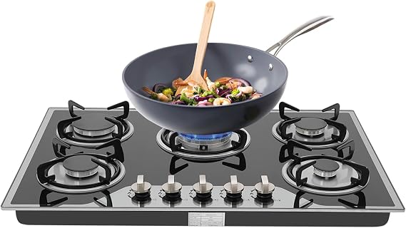 30 Inch Gas Cooktop, 5 Burners Built-In Stove Top Stainless, LPG/NG Convertible Stove Dual Fuel Sealed Gas Hob Tempered Glass Kitchen Cooker Stoves,Built-In Gas Stoves Top of Stainless Steel