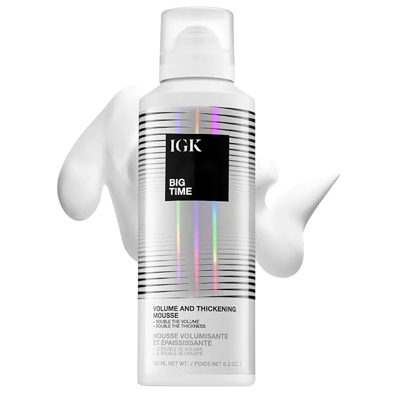IGK Big Time Volume & Thickening Mousse for Fine, Flat & Curly Hair, 6.2 Oz