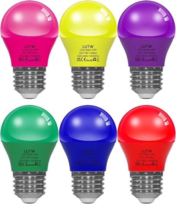 G45 E27 Light Bulb, 5W 450LM, 6 Colours, A15 Coloured Bulbs, 6 Pack | Golf Ball Small Screw Light Bulb, Energy Saving Light Bulbs for Christmas Holiday Halloween Party Decoration [Energy Class F]