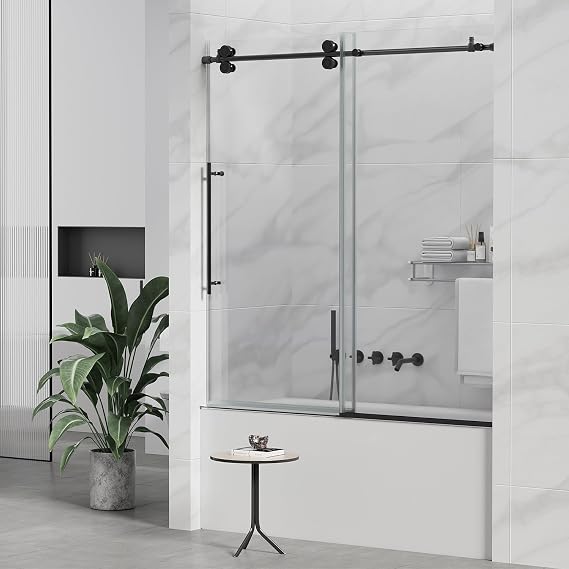 Sunrosa Frameless Sliding Tub Shower Door 57-60" W x 60" H, Matte Black