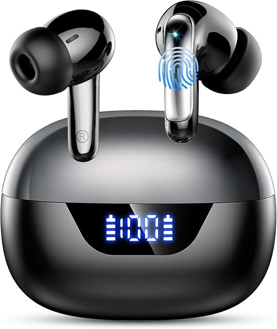 Wireless Earbuds, 2025 Bluetooth 5.4 Headphones Bass Stereo, Ear Buds with 4 Mics ENC Noise Cancelling, Bluetooth Earbuds 48H Playtime LED Display Charging Case, IP7 Waterproof in Ear Earphones white