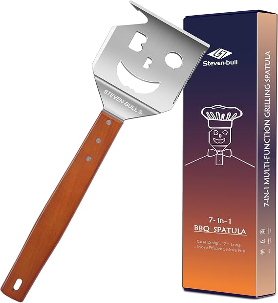 7-in-1 Barbecue Spatula for Barbecue Grill Multifunctional Barbecue Cutlery with Wooden Handle Built-in Barbecue Cutlery Set Function Creative Grill Turner Unique Barbecue Tools Barbecue Gifts