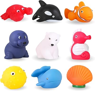 XY-WQ Bath Toys No Hole, for Infants 6-12& Toddlers 1-3, No Hole Bathtub Toys Sea Animals, 9 Pcs with Mesh Bag