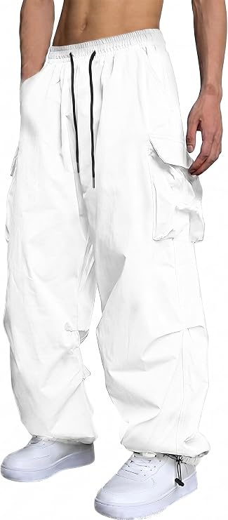 Men's Casual Cargo Pants Elastic Waist Drawstring Street Hip Hop Trousers with Pockets