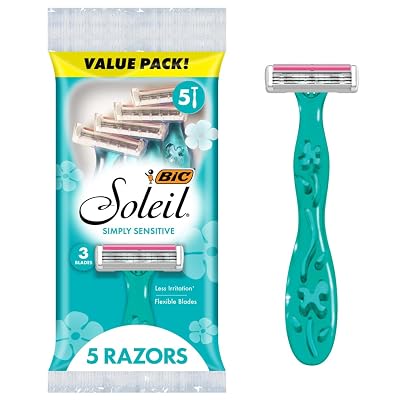 BIC Soleil 3 Simply Womens Disposable 3 Blade Razors, Moisture Strip and Floral Handles, 5-Pack