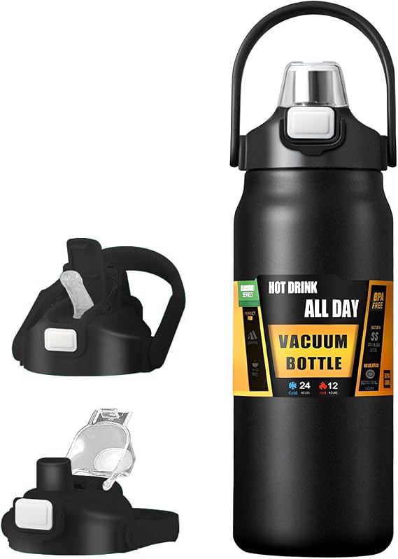 Stainless steel double drink water bottle;wide mouth sports water bottle with straw;double layer vacuum leak proof;insulated water bottles;with handle