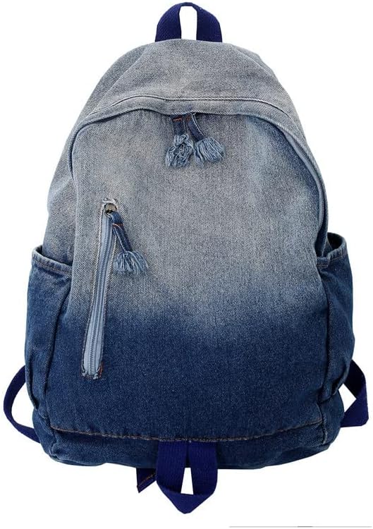 Gradient Denim Backpack Y2K Aesthetic Lightweight Laptop Backpack Classic Retro Jeans Backpack Casual Travel Daypack (a Blue)
