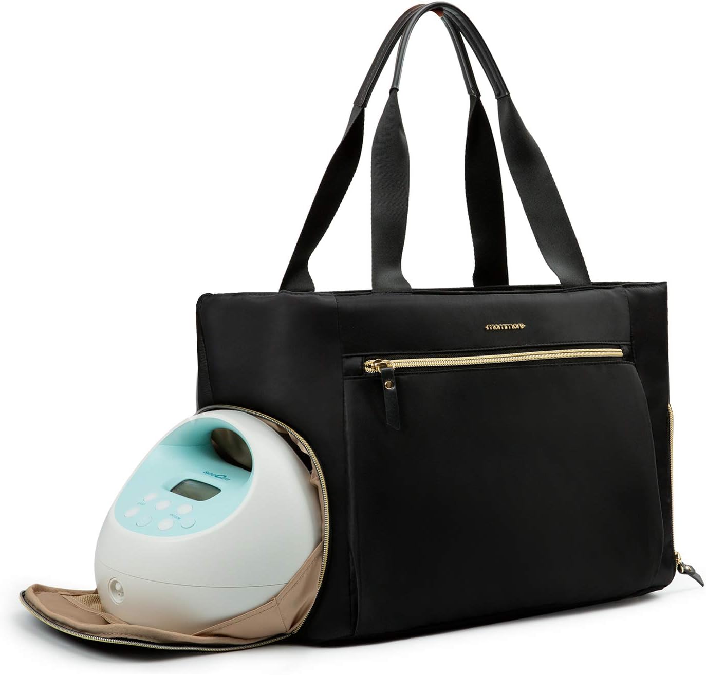 Mommore Breaker Bag Diaper Tote Bag with 15" Laptop Sleeve Fits Most Breastfeeders such as Medela, Spectra S1, S2, Evenflo and More,Black, 1 Count Pack of 1, Practical, Black