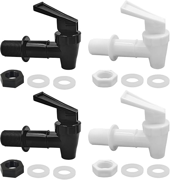 4 Pcs Universal Water Dispenser Tap Replacement, Replacement Cooler Faucet, Plastic Push Type Dispenser Faucets, Dispenser Tap Set for Hot Cold Water Beer Wine Juice Bottle Bucket (Black, White)