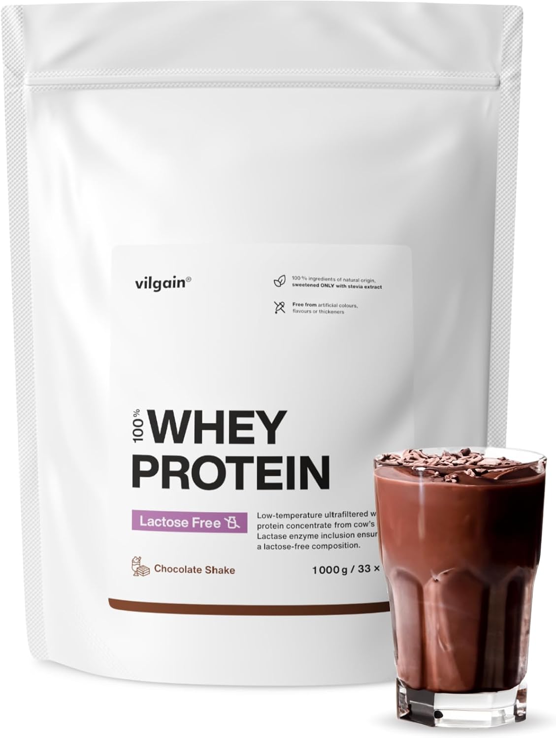 Vilgain Lactose Free Whey Protein Powder Chocolate Shake 1000g | 75% Protein | Low Temp Ultrafiltered Whey Concentrate | Stevia Sweetened | 22g Protein Per Serving | High BCAA Content