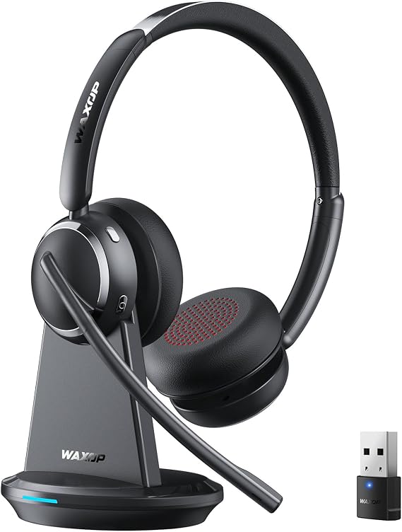 Wireless Headset with Mic for Work, Bluetooth 6.0 Headset with Microphone for PC, 65H AI Noise Cancelling Mic, 60ft Range, USB Dongle & Charging Base, On-Ear Headphones for Teams Zoom Call Center