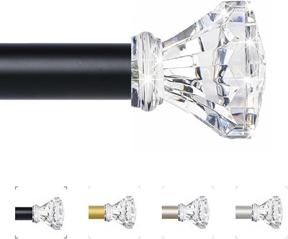 TVWOO Acrylic Crystal Black Curtain Rod 18-45",Clear Bling Diamond Finials