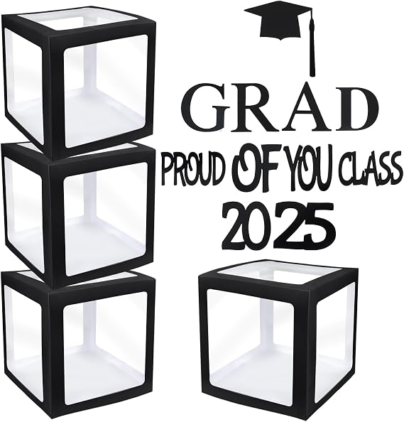 Graduation Decorations Class of 2025-4PC Clear Balloon Boxes with GRAD Letters, So Proud of You Props - Reusable Graduation Party Favors for College, High School (Black, 11.8 * 11.8 Inch)