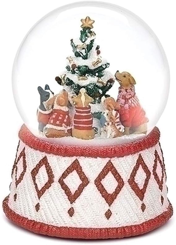 Roman 100MM 6" Musical Christmas Snow Globe with Dogs Around a Christmas Tree Plays O Christmas Tree Glitterdome Tabletop Holiday Decor