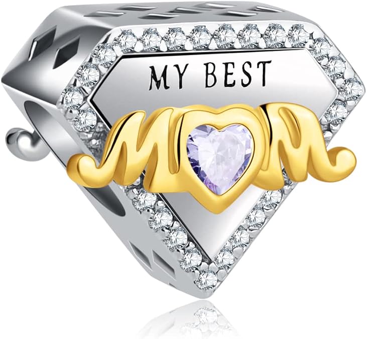 My Best Mom Gold Heart Charms 925 Sterling Silver Jan-Dec Birthstone Charms Fits Pandora Charms Bracelet,Mother's Day Gifts (June Birthstone)