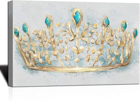 KLVOS King Queen Crown Wall Art Fashion Glam Royal Jeweled Crowns Art Print on Canvas Contemporary Gold Teal Blue Artwork for Living Room Ready to Hang Wedding Gifts Home Decor 16x24inch