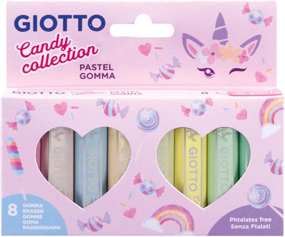 GIOTTO Candy Collection Pastel Erasers in a Case, Pack of 8, Pastel Colours, F232300