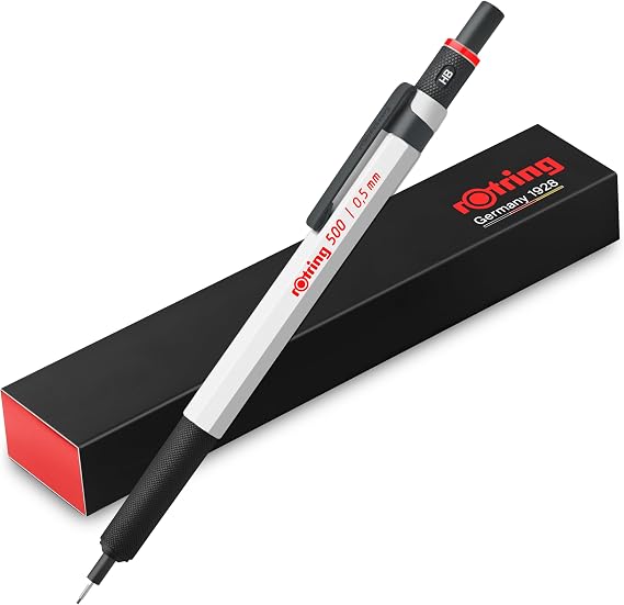 rOtring 500 Mechanical Pencil, White Hexagonal Plastic Barrel and Non-Slip Textured Metal Grip, 0.5mm, HB Lead, 1 Count - Precision, Comfort, Sleek, Writing
