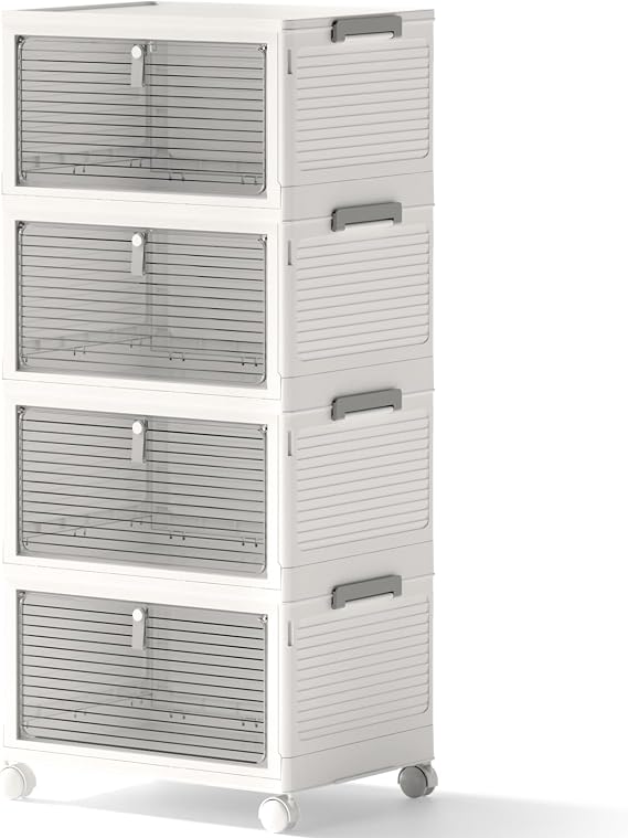 Storage Bins with Lids,4 Tier Stackable Storage Bins with Drawers,4 Pack Collapsible Plastic Storage Boxes with Wheel-1 Lid,23QT Foldable Containers for Closet Living Room Bedroom Office.